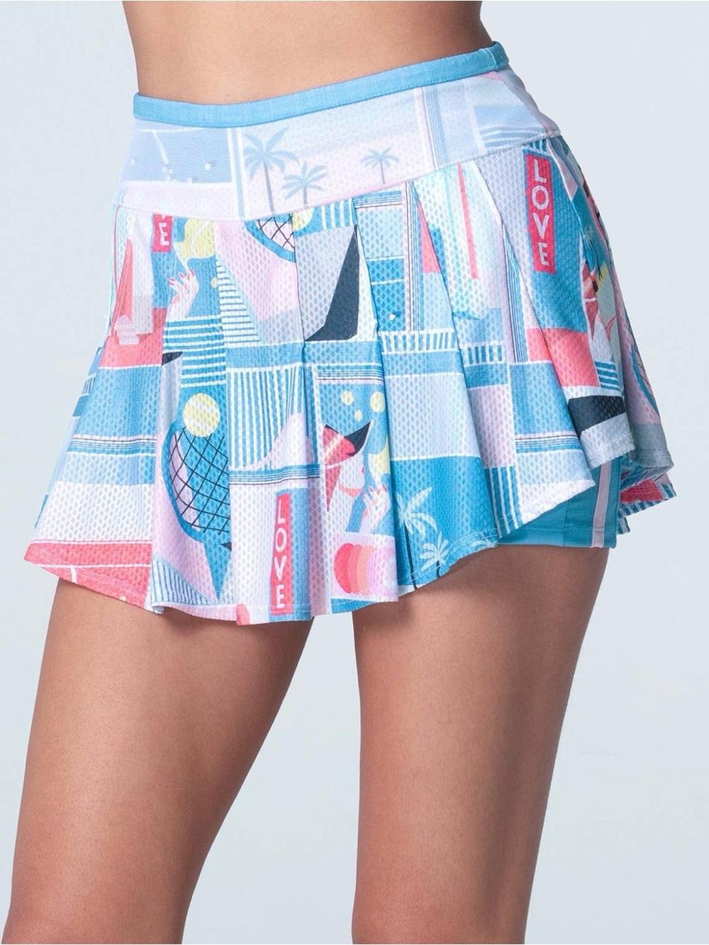 Lucky in Love Pastel Blue & Pink Graphic Pleated Skort